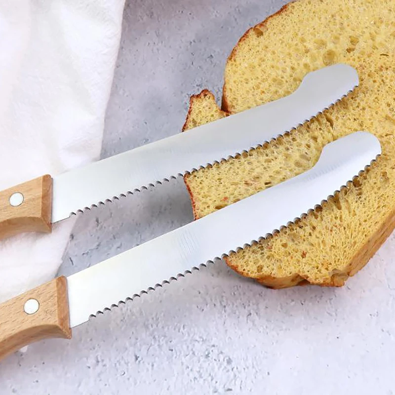 Stainless Steel Bread Knife Serrated Knife Wooden Handle Fruit Bread Slicer Cake Slicing Cookie Cutter