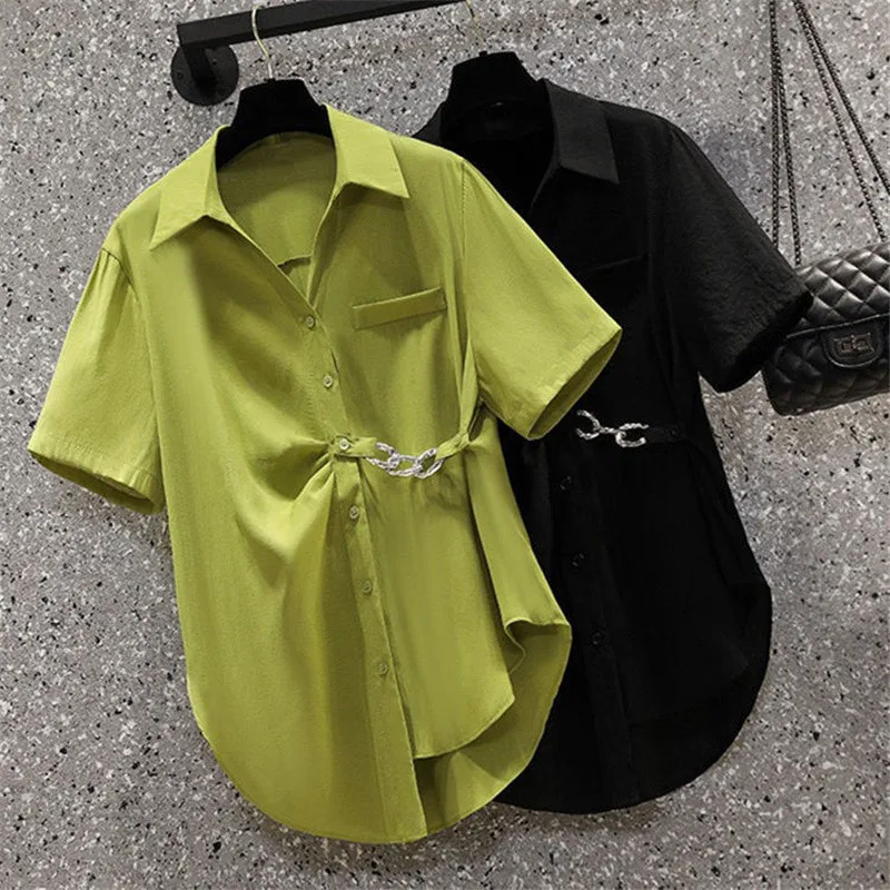 Women's Asymmetric Chain Chic Street Button Up Shirt New Summer Fashion Green Commute Short Sleeve Loose Tunic Top Blouse Blusas