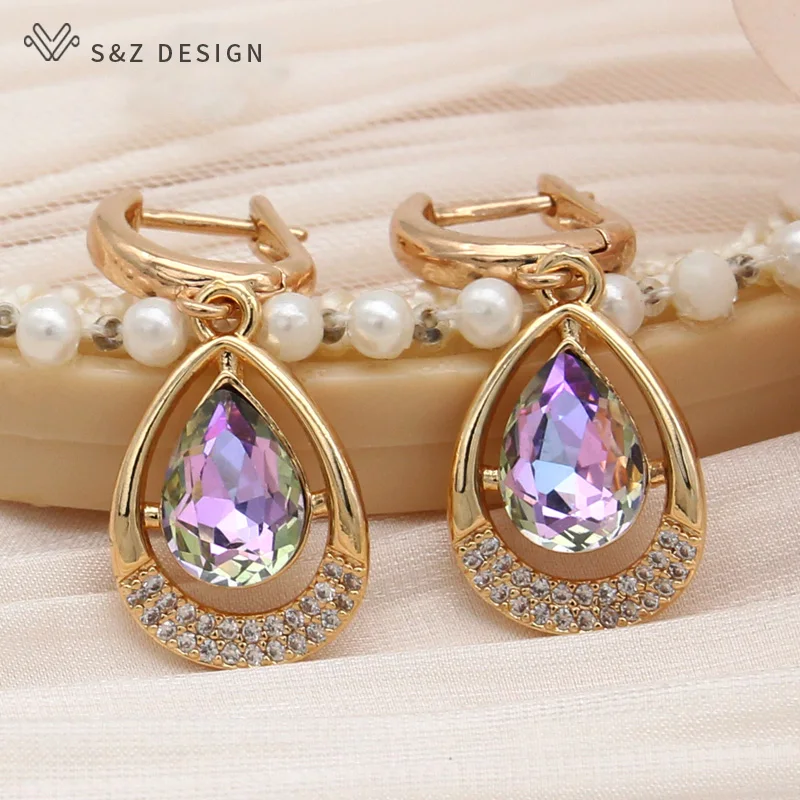 S&Z DESIGN New Fashion Water Drop Crystal Dangle Earrings For Women Elegant Jewelry Champagne Gold Color Cubic Zirconia Eardrop