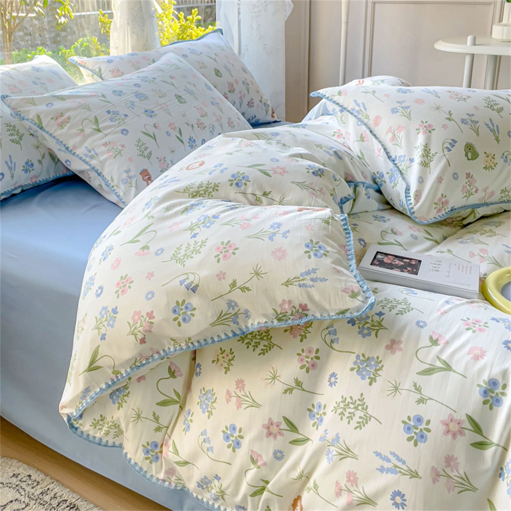 

Flower Printing Bedding Set Girls Washed Cotton Duvet Cover Bed Linens Soft Quilt Cover Bedspread Pillowcases Set Home Textiles