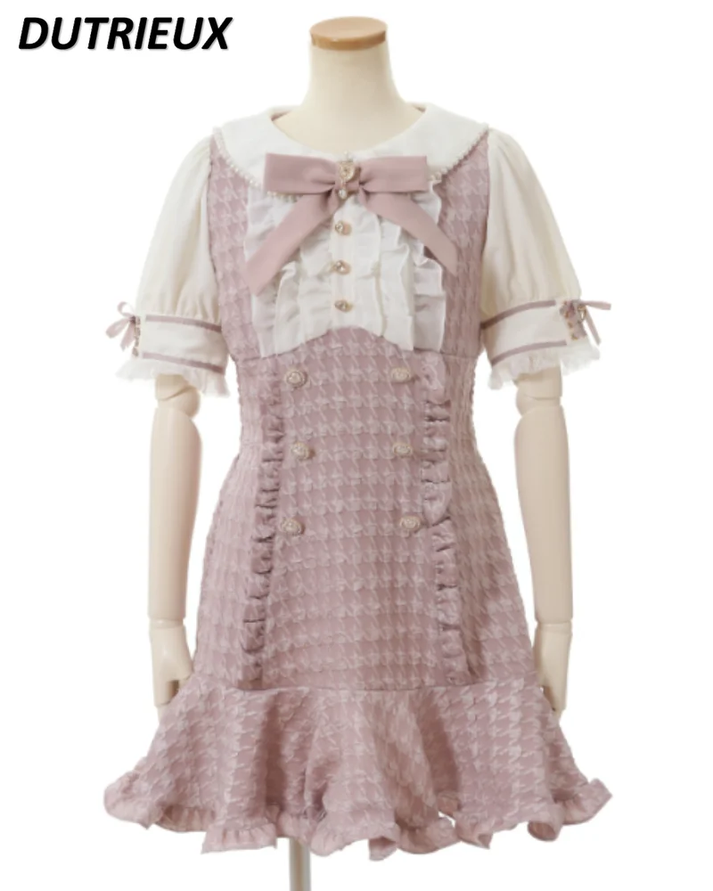 

Summer Short Sleeve OP Dress Japanese Lolita Style Mine Mass-Produced Sweet Girl Bow Grid Slim Belly Covering Short Dress