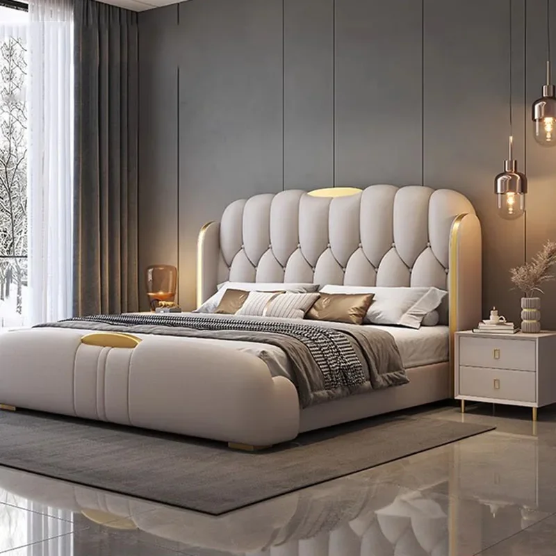 

Leather Metal Bed Designer Waterproof Simple Modern Luxury Bed Headboards Girl Wooden Bedroom Nordic Cama Casal Home Furniture