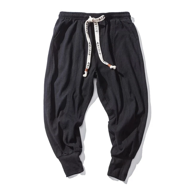Pantalon sarouel en coton et lin pour hommes, couleur unie, taille élastique, Streetwear, jogging, Baggy, entrejambe goutte, décontracté 5