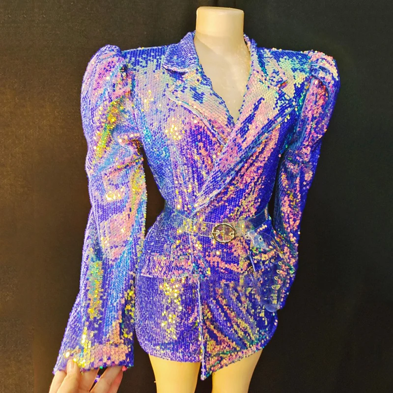 

Sparkly Purple Sequins Jacket Belt Sexy Jazz Dance Costume Birthday Celebrate Party Dress Nightclub DJ DS Rave Outfit XS3959