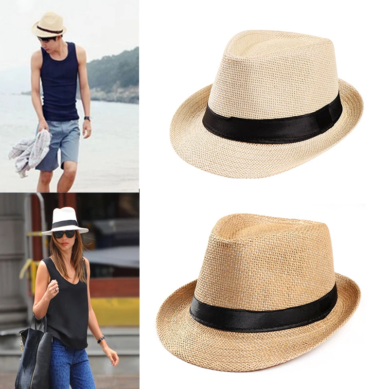Fashion Hat Summer Men Straw Hat Travel Beach Women Sun Panama Cap Casual Ribbon Cowboy Jazz Hat Unisex Wide Brim Hats