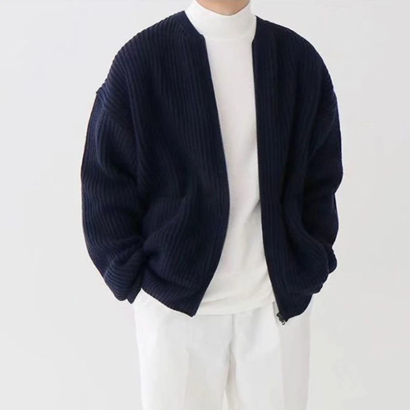 thumbnail image 1 of Cárdigan de cuello redondo con cremallera, chaqueta azul, suéteres de punto para hombres, abrigo de cuello redondo con cremallera, ropa para hombre, sudaderas elegantes, divertidas y cálidas, 1 of 5