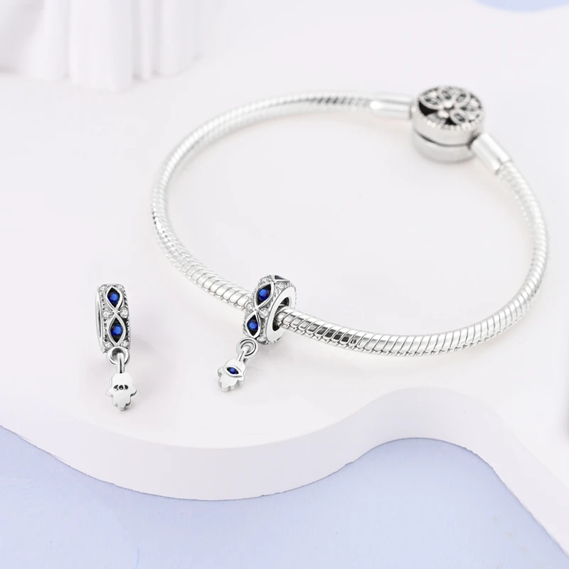 Mysterious 925 Sterling Silver Love Evil Eyes Celtic Knot Palm Pendant Beads Safety Clip Fit Brand Bracelet Premium Gift DIY 4