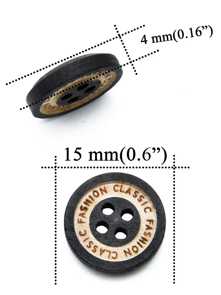 Black Laser Engraved Round Wooden Buttons for Sewing and Crafts, 4 Holes, 15mm, 30-Pack or 60-Pack