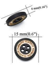 Black Laser Engraved Round Wooden Buttons for Sewing and Crafts, 4 Holes, 15mm, 30 - Pack or 60 - Pack (BUTTON MT164)