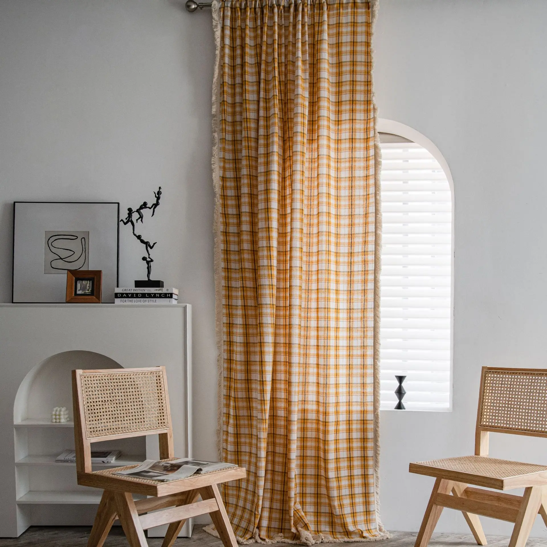

Plaid Curtains Pom Window Rustic Farmhouse Gingham Semi Taupe White Rod Pocket Natural Linen Light Filtering Transparent Curtain