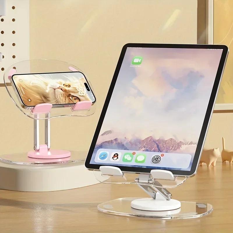 360° Rotating Mobile Transparent Phone Holder Multi-Functional Flat Support Stand Retractable Mobile Phone Stand Desktop Holder