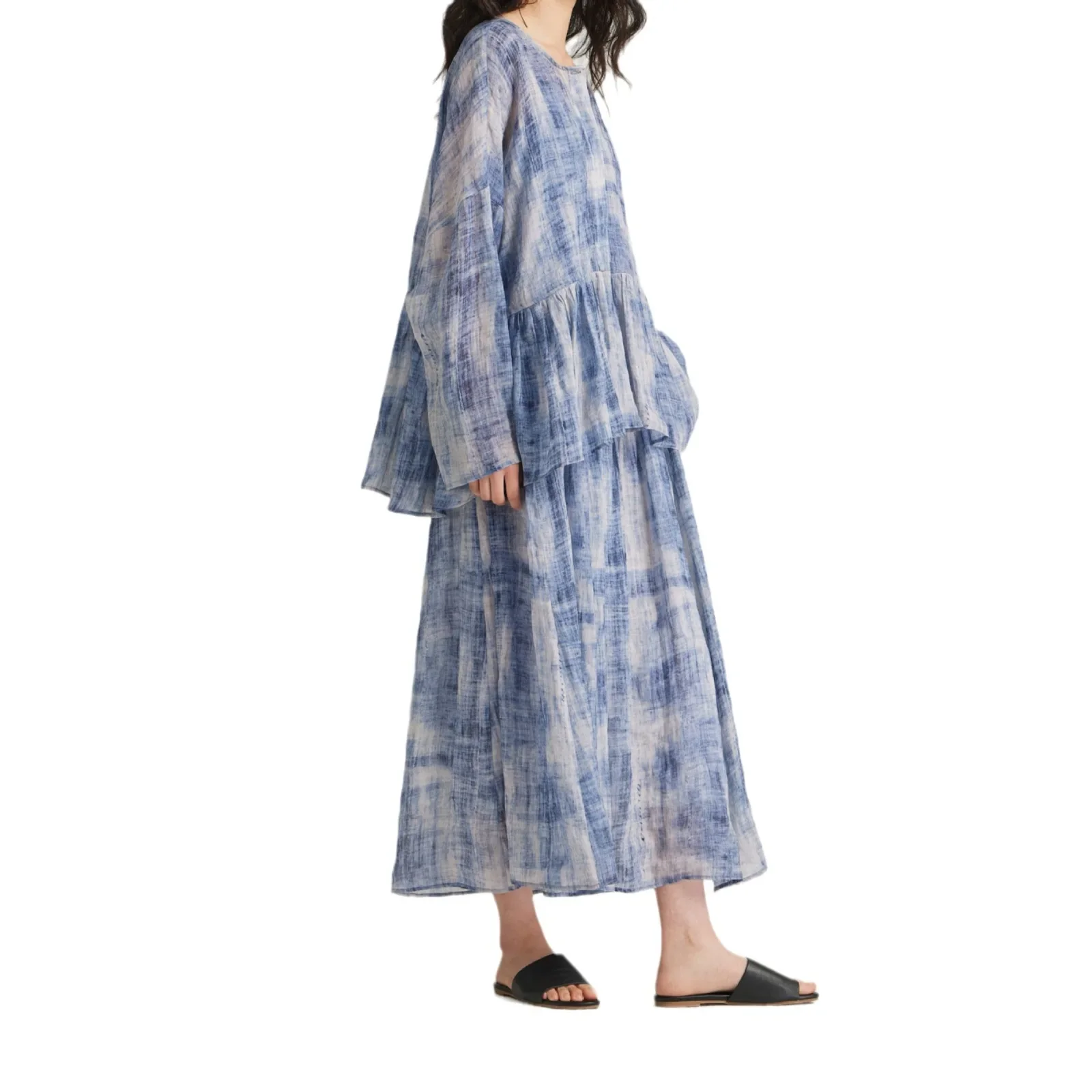 women's two-piece set with ramie print, flowing large hem shirt, top with suspender dress, long skirt, elegant women's clothing