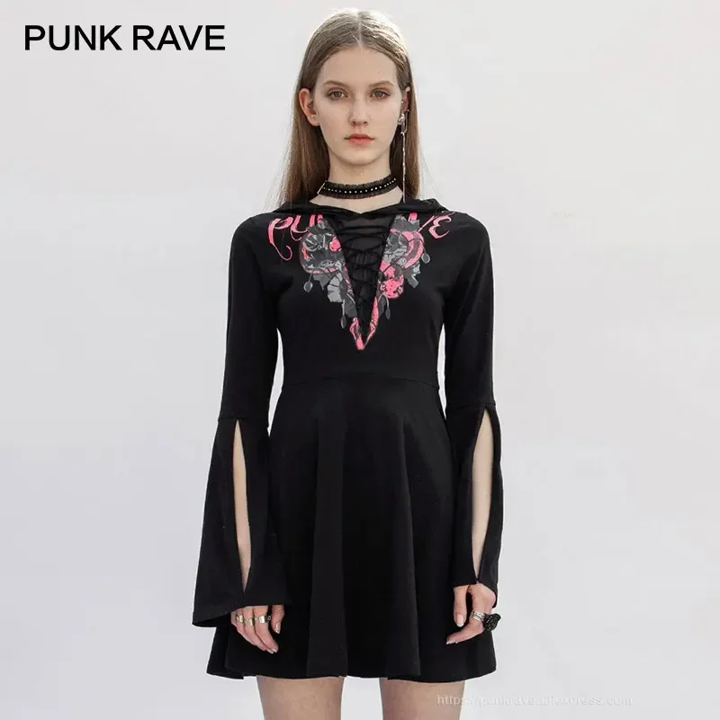 

PUNK RAVE Women's Gothic Daily "Mystery Story" Series V-collor Print Dress A-line Mesh Stitching Long Horn Sleeve Half