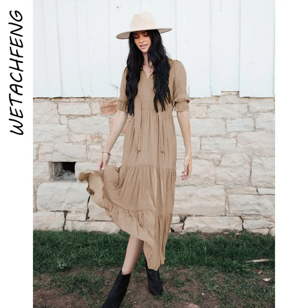 

Ruffles Folds Lace Up Looses Maxi Women's Dresses Spring Summer Elegant Boho Half Sleeve Solid Lady Vestidos 2023 Fashion Dress