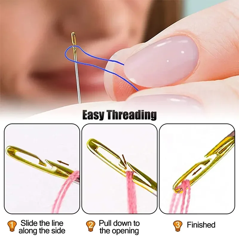Description Picture 4 of item60/12Pcs Blind Sewing Needles Stainless Steel Elderly Big Hole Self Threading Needles DIY Jewerly Beading Household Sewing Tools
