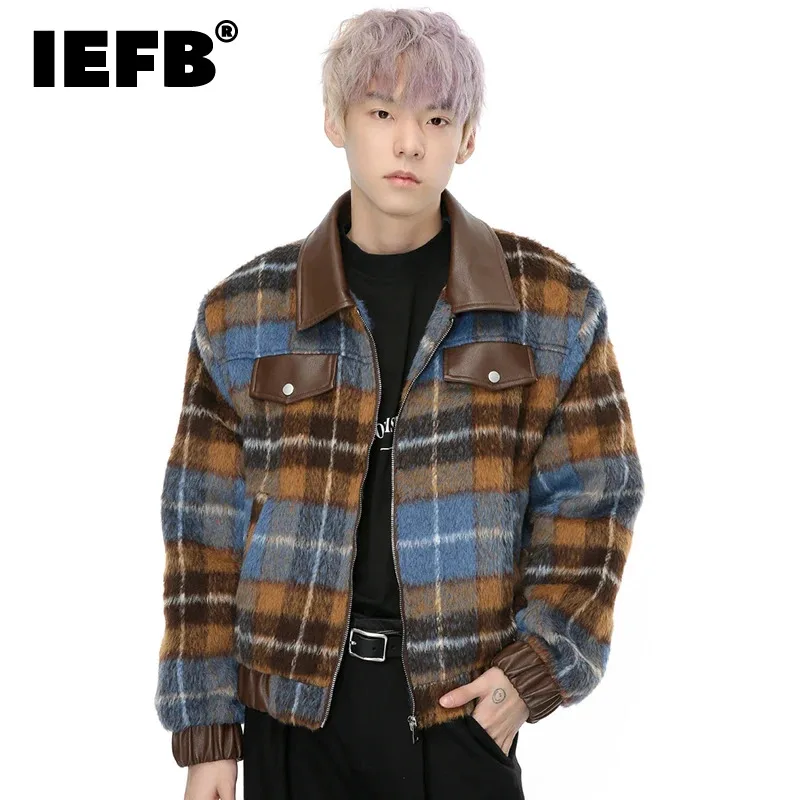 

IEFB Plaid Male Woolen Short Coat Korean Stylish Patchwork PU Leather Lapel Quilted Contrast Color Men Jackets Spring New 9C4283