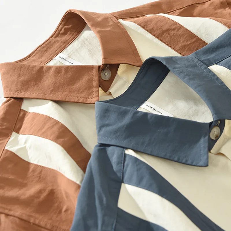 Vertical Striped Workwear Shirt Men Cotton Long Sleeve Bowling Spliced Shirt with Chest Pocket Casual Loose Fitting Cargo