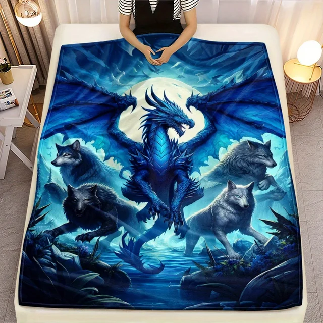 Dragon and Wolves Scene HD Printed Blanket, Soft and Warm Flannel Blanket for Travel, Camping, Sofa, Living Room, Couch, Chair,