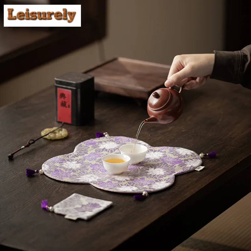 Chinese Purple Flower Anti-scald Tea Table Mats Zen Drink Coaster Dinner Table Cloth Mat Chinese Tea Set Equipment Decoration