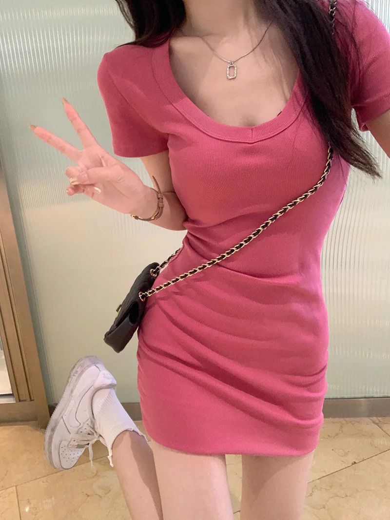 Летние женские платья с коротким рукавом, женское облегающее эластичное платье-мини розового и красного цвета с круглым вырезом, платья Летние женские платья с коротким рукавом, женское облегающее эластичное платье-мини розового и красного цвета с круглым вырезом, платья