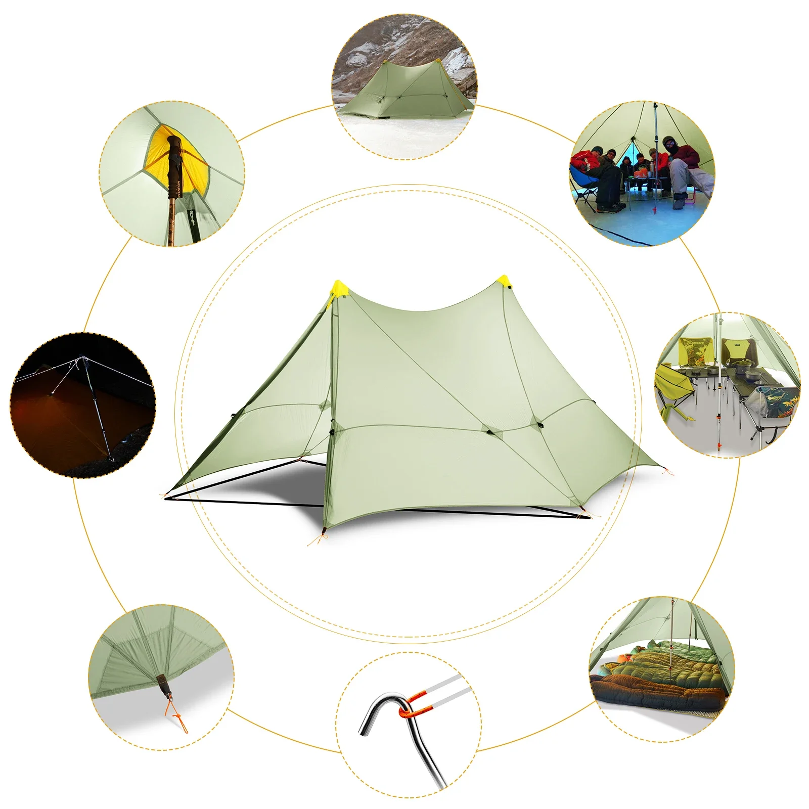 Tente de camping ultralégère pour 6 personnes, 870g, 4 saisons, sac à dos, Flysheet, 20D, 2 faces, revêtement en silicone, nylon, sans tige, grande taille