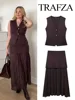 TRAFZA Women 2 Piece Set Chic V-Neck Sleeveless Button Knitted Vest Top+Splicing High Waist Side Zipper Ankle-Length Skirt TRAF 1