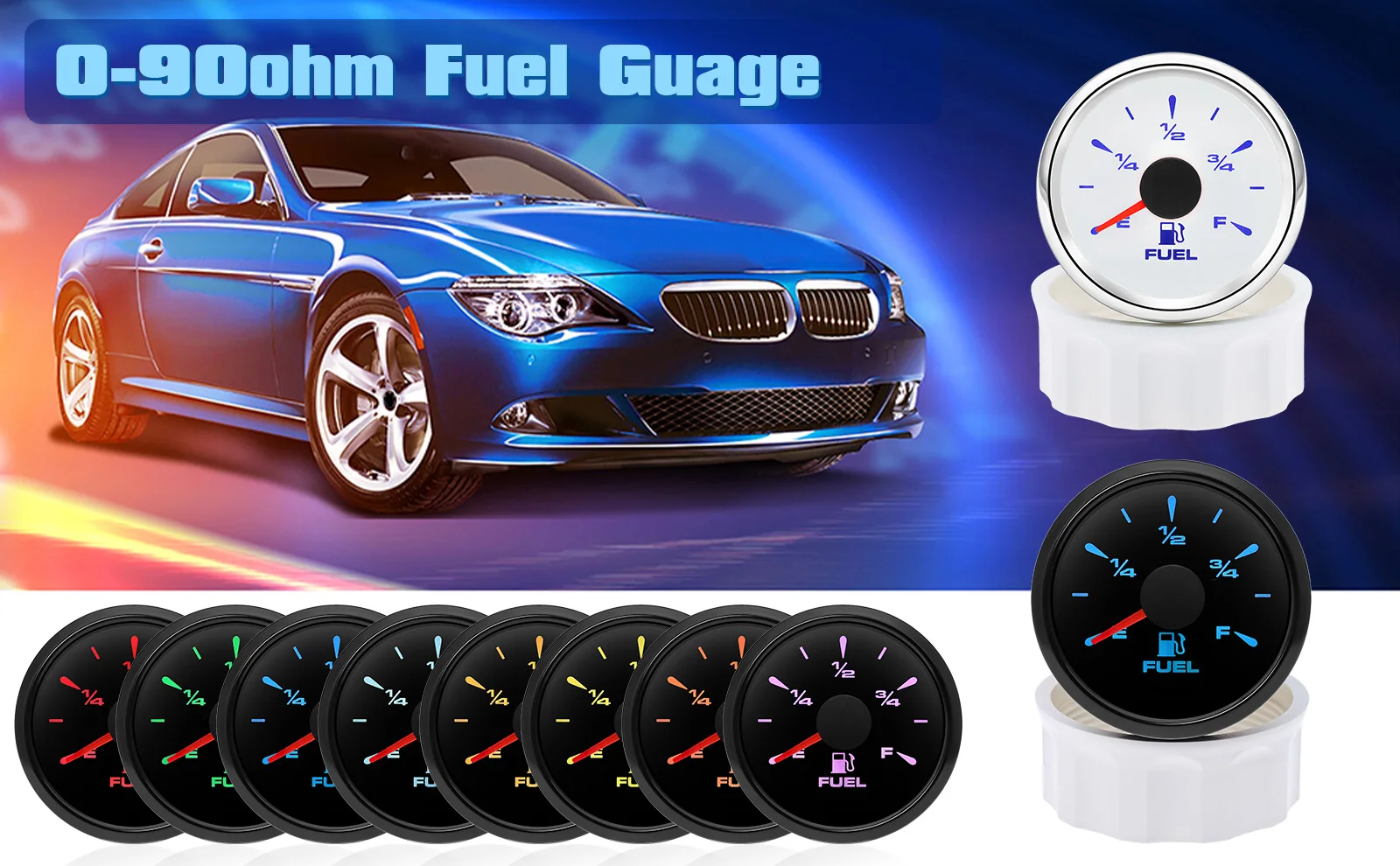 0-90ohm 52mm Fuel Level Gauge 8 Color BackLight for Oil Tank Level Float Sensor 0-90 ohm Car Boat Marine Yacht 12V