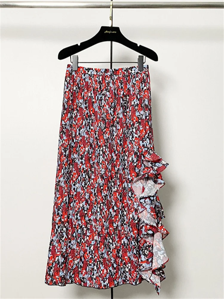 

Summer New Women Floral Printed Elastic High Waisted Midi Skirt Ladies Versatile Split Ruffled Edge Pleated Long Jupes