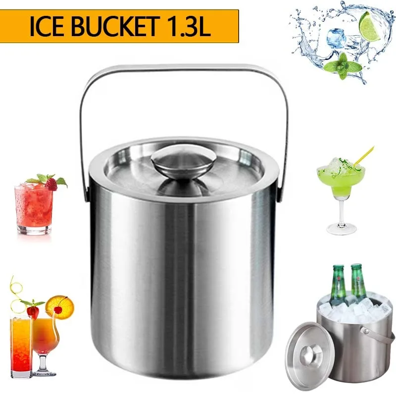 1300ML Stainless Steel Ice Bucket Double Wall Ice Bucket with Lid Insulated with Handle Champagne Beer Wine Cooling