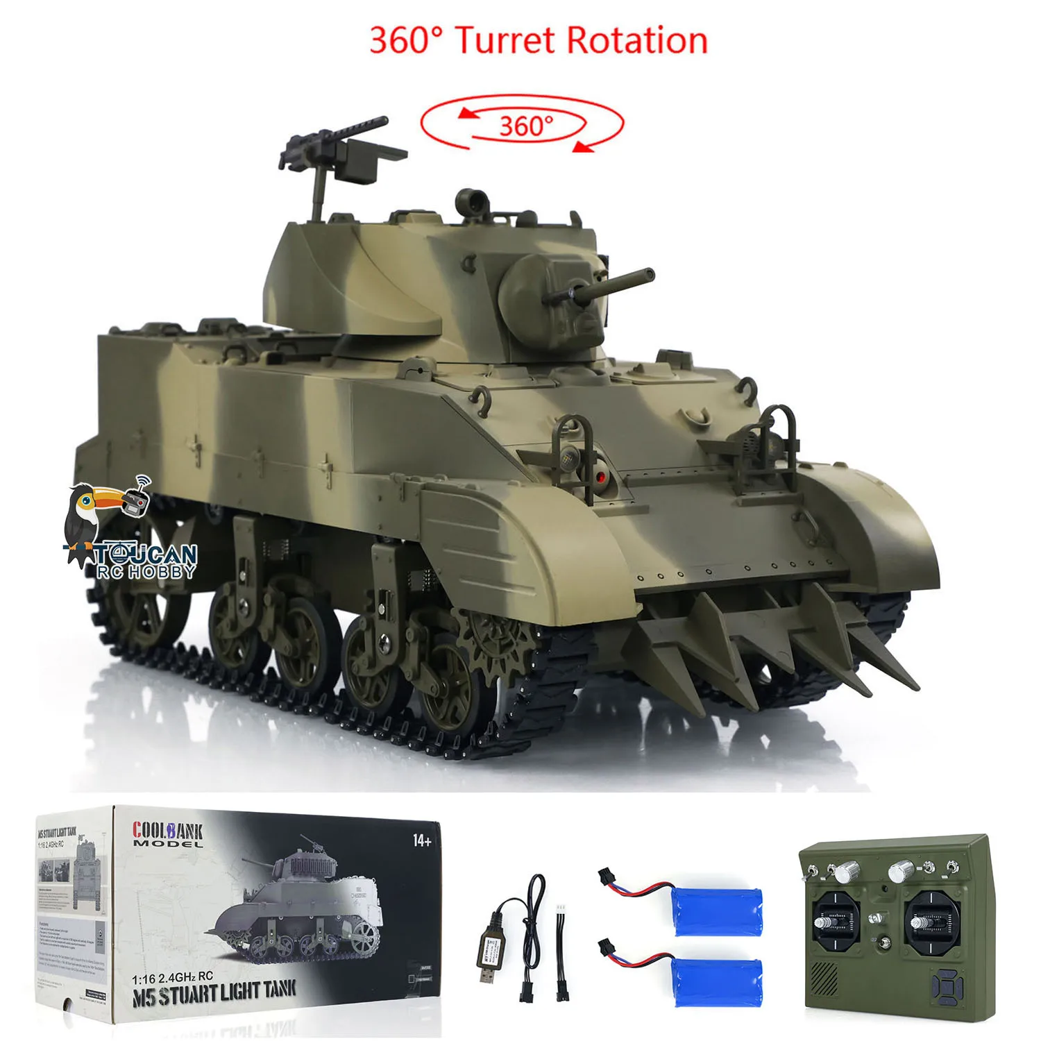 Char d'assaut télécommandé 1/16 M5A1 Stuart VI en mouvement, soulevant de la poussière, avec éclairage LED allumé.