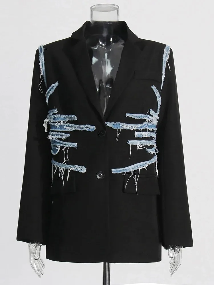 TWOTWINSTYLE Colorblock Spliced Denim Blazers For Women Notched Collar Long Sleeve Patchwork Button Chic Blazer Female Clothing