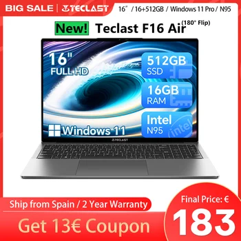 Teclast F16 Air Laptop da 16 pollici retroilluminato da 180 gradi Flip 16GB RAM 512GB ROM 1920x1200 IPS For Intel N95 CPU Supporto Mini-HDMI