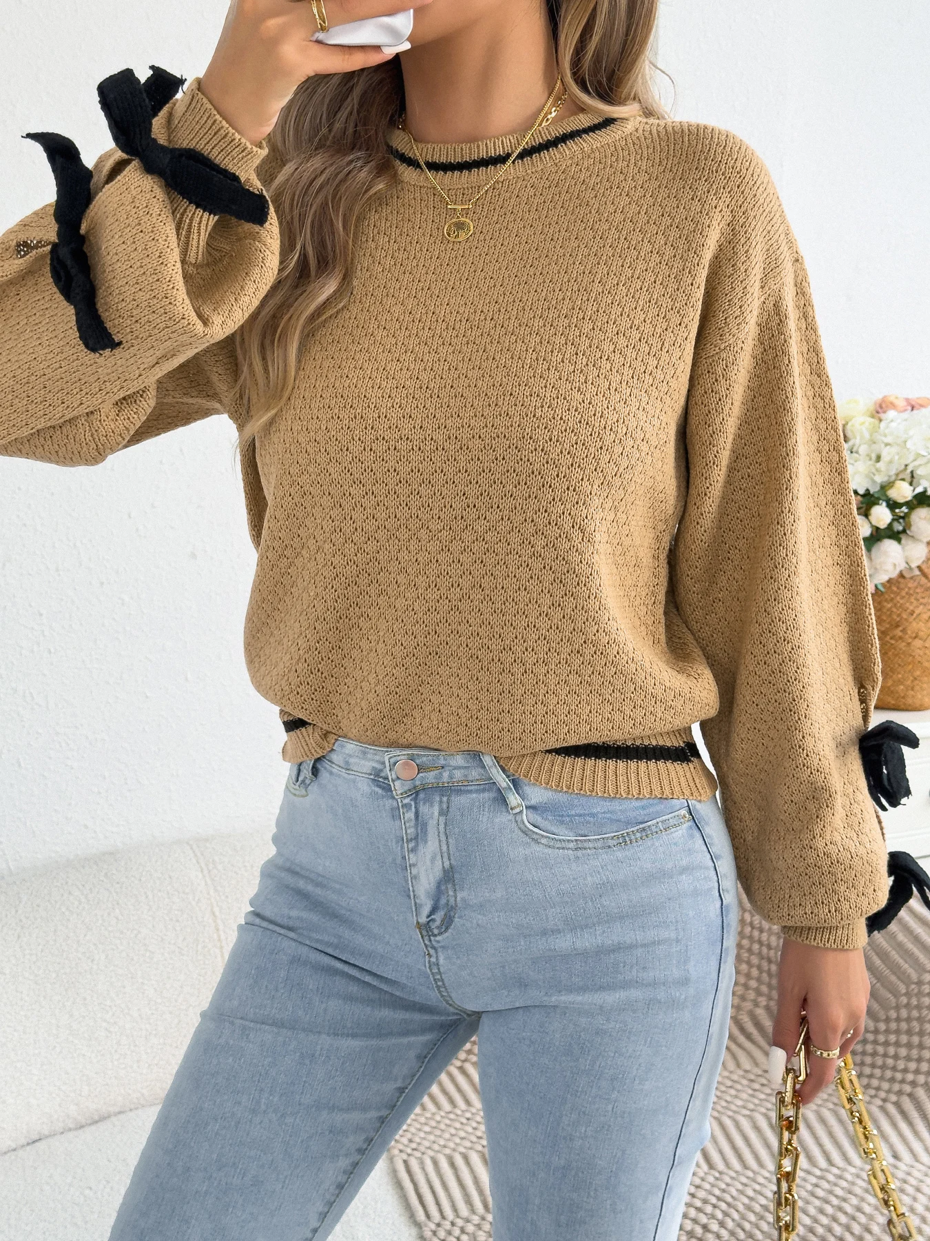 Womens Autumn Winter Knitted Sweater Round Neck Pullover