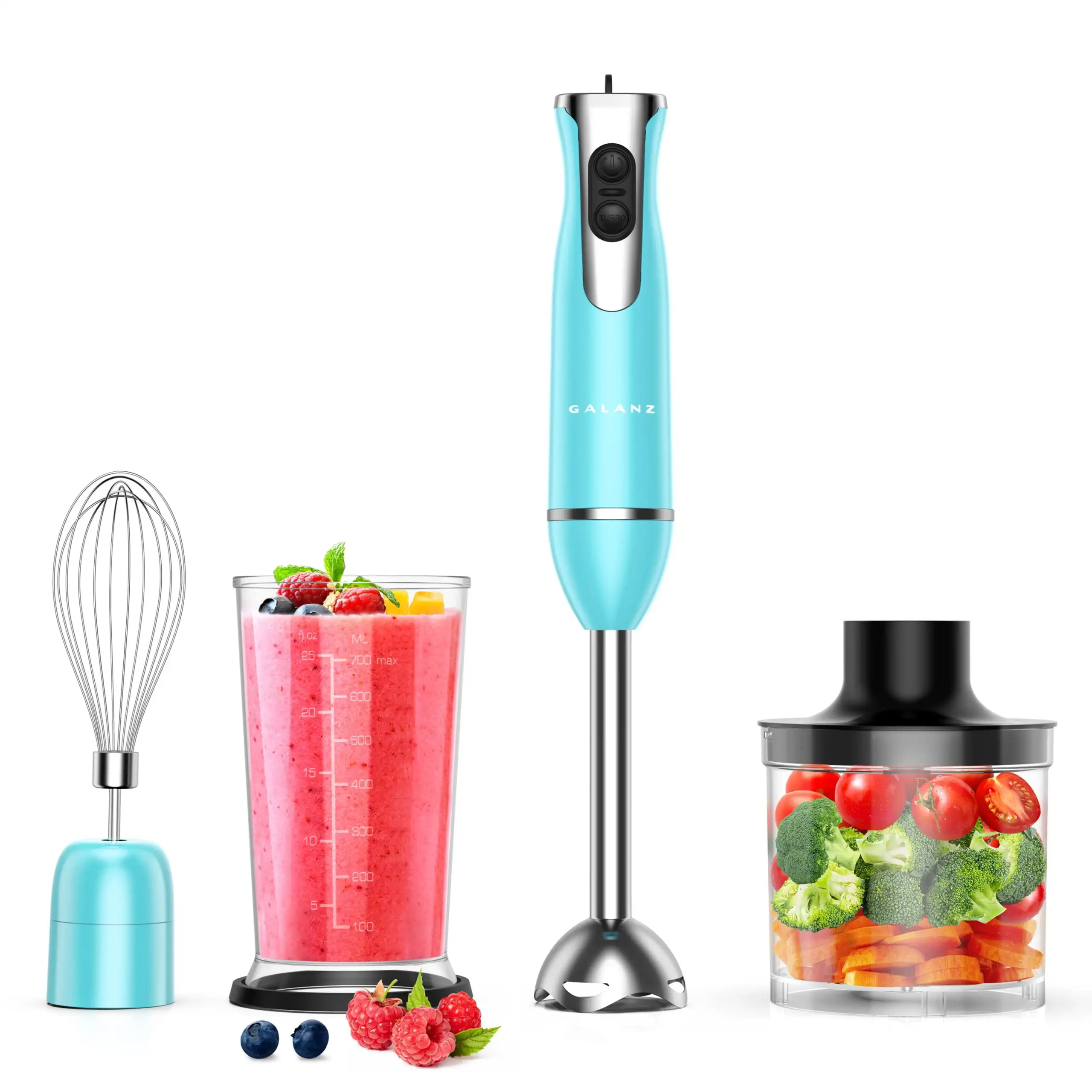 

Galanz 4-in-1 Retro Immersion Hand Blender with Whisk & Chopper Attachments 2 Speeds with Turbo Setting Blending Beaker Included