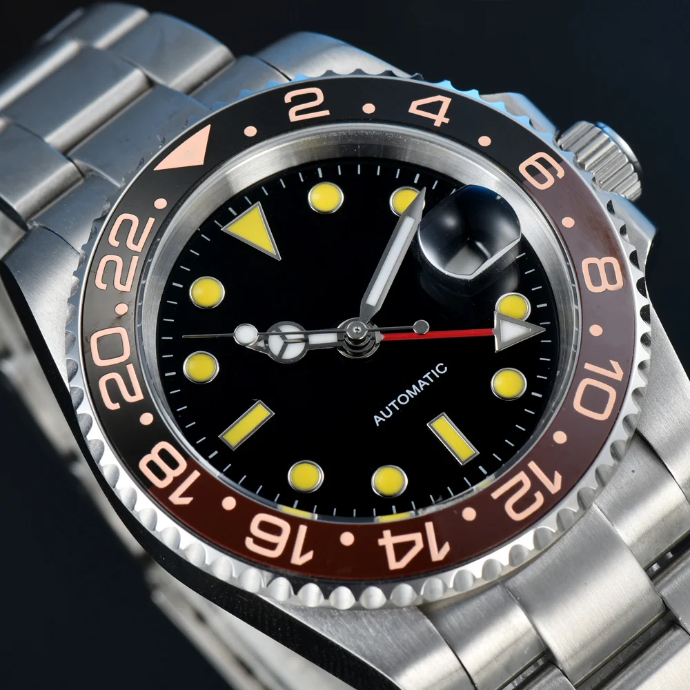 

40MM Black Aseptic Dial Luminous Date Men's GMT Watch Automatic Winding Mechanical Clock Oyster Strap 88