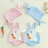 Tregren 0-18M Infant Baby Easter Outfits Bunny Embropidery Sleeveless Square Neck Romper with Hat 2Pcs Sets Newborn Clothes
