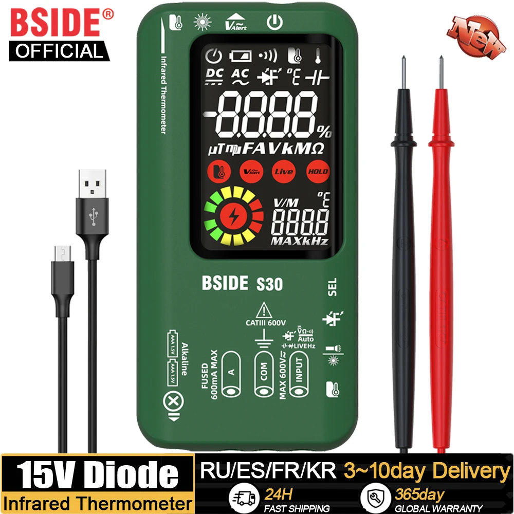 

BSIDE Smart Digital Multimeter Infrared Temperature 15V Diode LED Tester True RMS 9999 DC AC Voltage Rechargeable Multiteter DMM