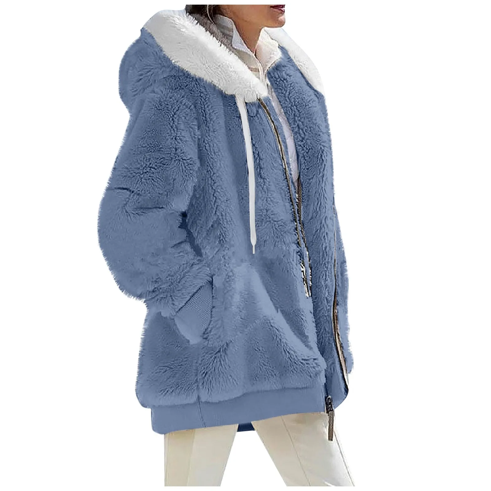 

Women Plush Zipper Jacket Fashion Women Solid Color Hooded Coat Loose Warm Casual Cotton Jacket With Pocket Manteau Femme Hiver