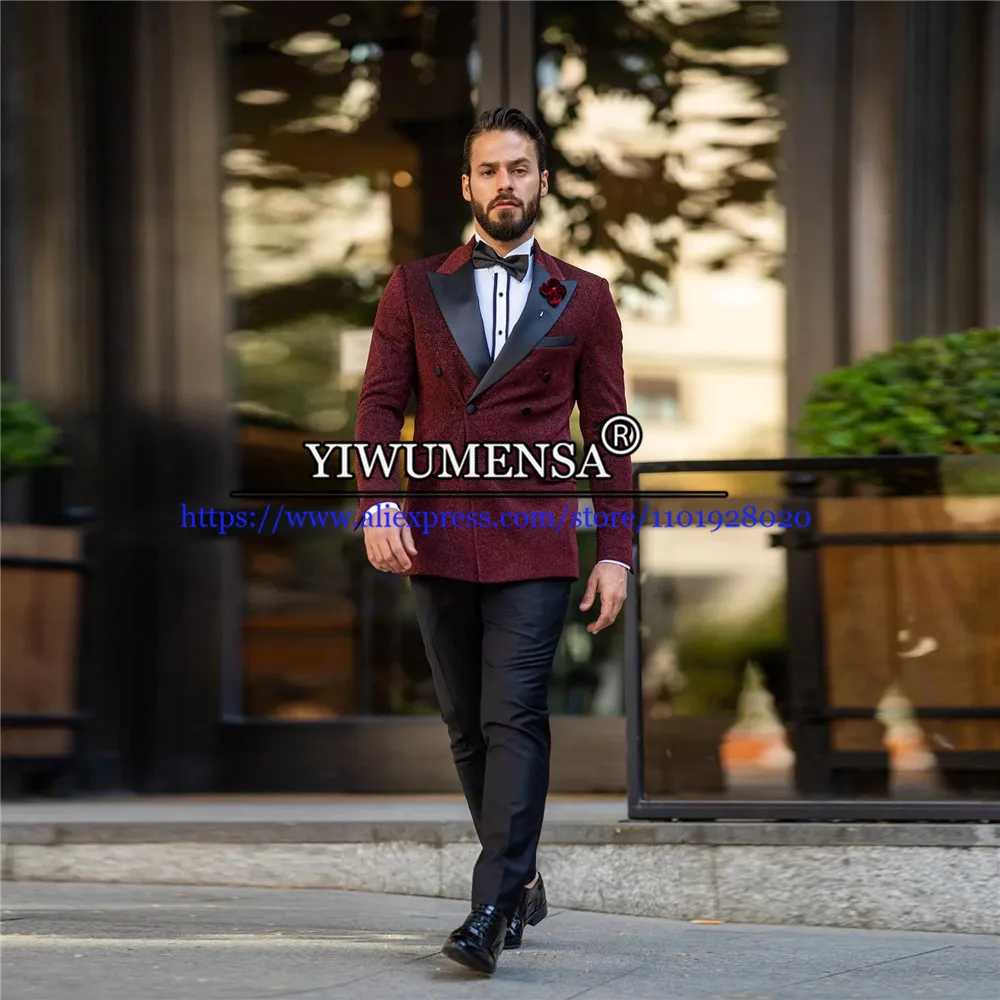 

Строгие Свадебные смокинги, приталенные блестящие бордовые костюмы с блестками, мужские двубортные пиджаки и брюки, черные атласные пальто с лацканами, 2 шт.