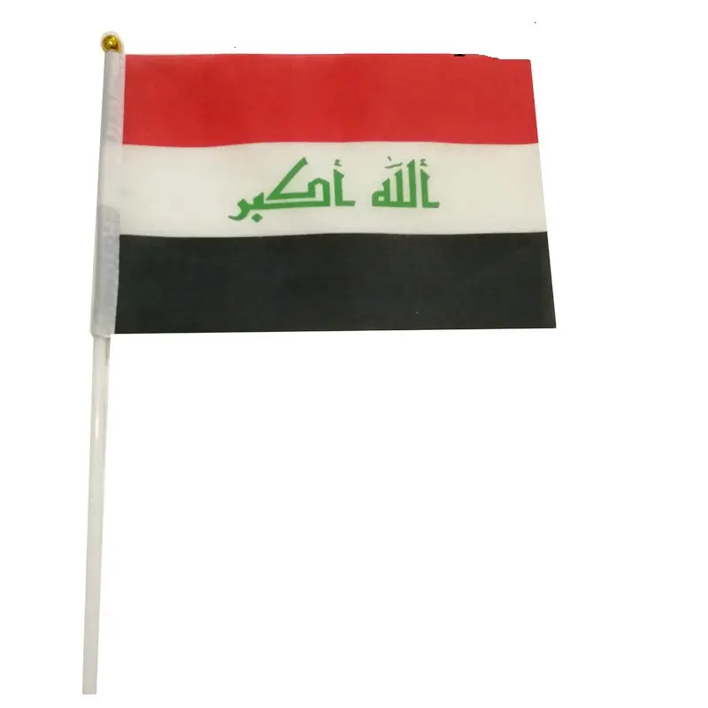 Irak Hand Flagge 14*21cm 100 stücke polyester Irak Kleine Hand waving Flag  mit kunststoff fahnenmast für dekoration