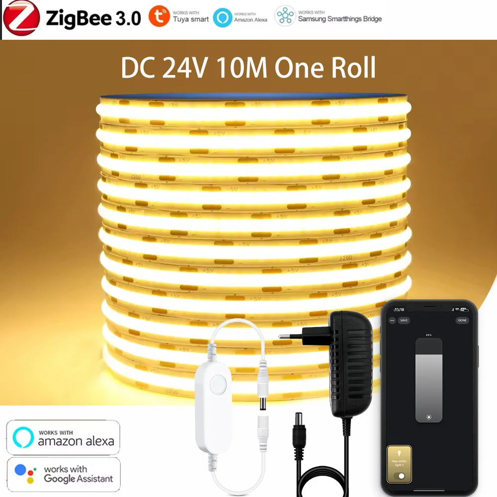 DC24V Zigbee 3.0 COB LED Strip 2M-10M One Roll Flexible Tape Ribbon Lighting 3000K 6000K App Smart for Tuya Smartthings 2MQTT
