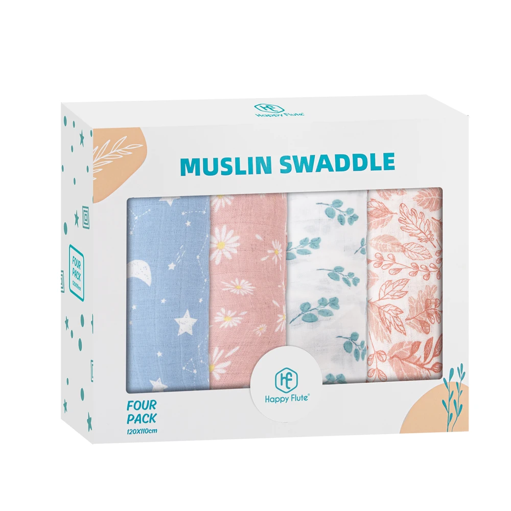 

HappyFlute Newborn Gift Boxes 120*110cm 4Pieces/Set Muslin Cotton Bath Towel&Thin Quilt Unisex Print Baby Blanket Swaddle Warp