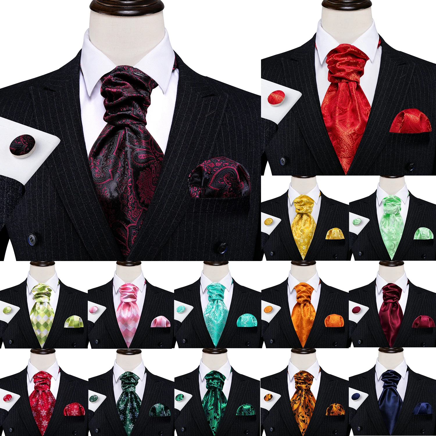 Neck Tie Barry.Wang Silk Men's Ascot Handkerchief Cufflinks Sets Designer Jacqaurd Cravat For Male Formal Casual Wedding Business