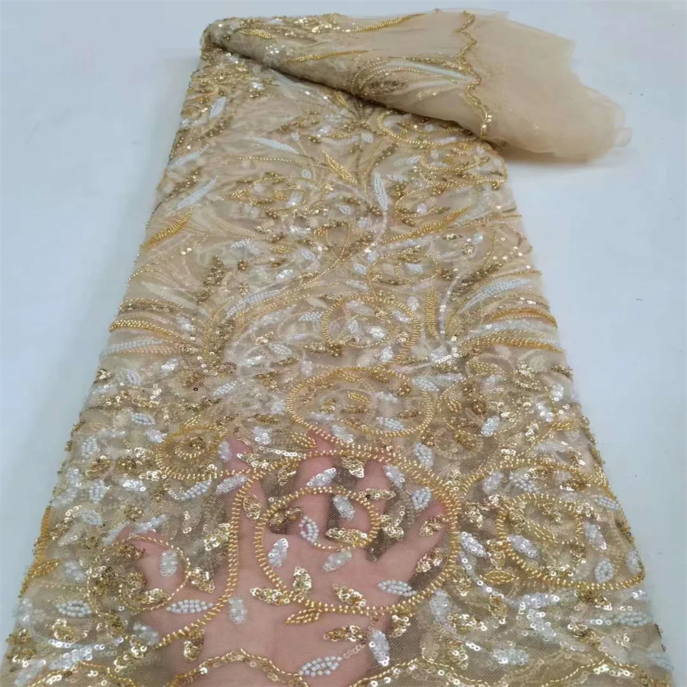 

2023 Luxury French Tulle Net Lace with Sequins and Beaded African Nigerian Embroidered Lace Fabric Lace Fabric for Sewing TC2504