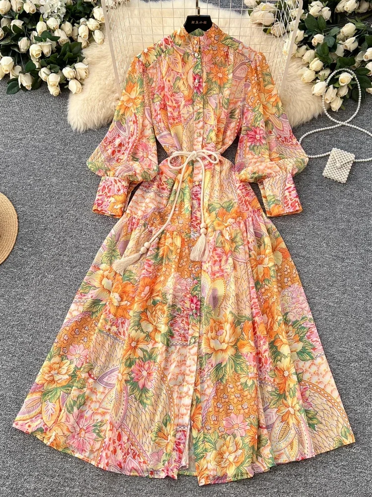 Spring France Elegant Vintage Evening Dress Women Print Sashes Button  Pleated Long Party Dress Female Casual Holiday Clothing
