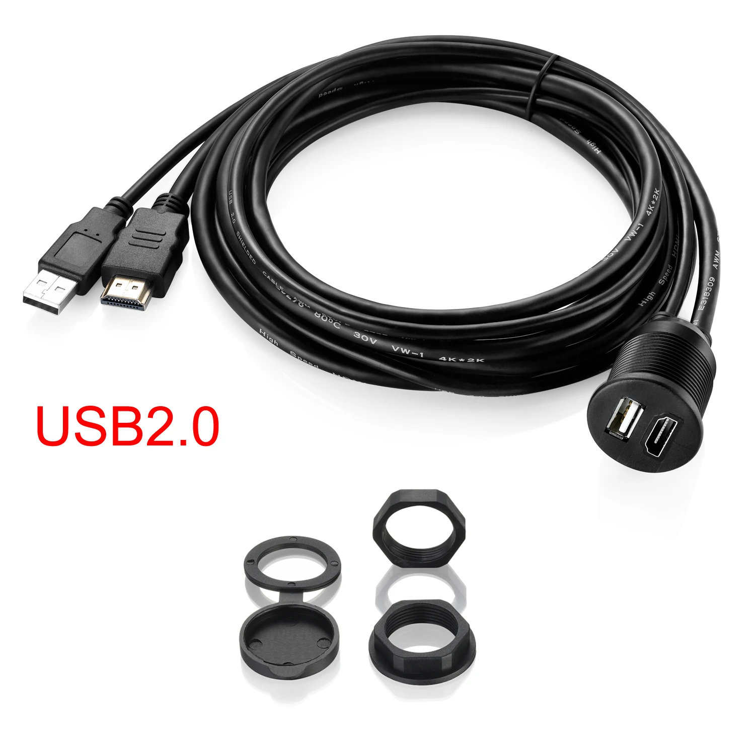 Bochara-Cabo de Extensão Compatível com HDMI, USB 3.0, USB 2.0 +, macho para fêmea, V2.0, 4K x 2K @ 60Hz, Flush Mount Painel Painel para carro
