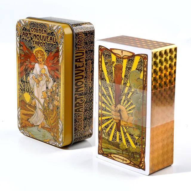 10.3*6 cm Golden Art Nouveau Tarot in A Tin Box with Guidebook 78Pcs 2