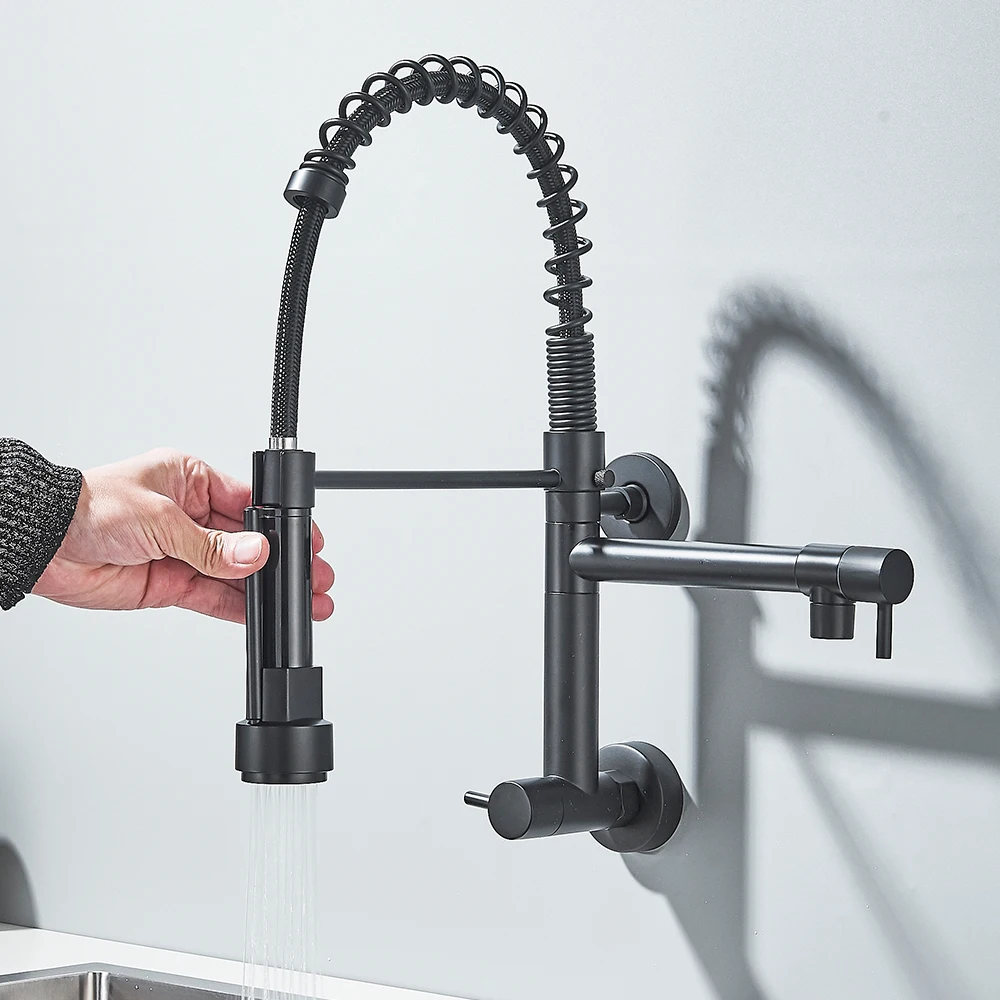 Pull Down Kitchen Faucet Wall Mounted Spring Single Cold Water Dual Spouts 360 Rotation Kitchen Tap kitchen faucets