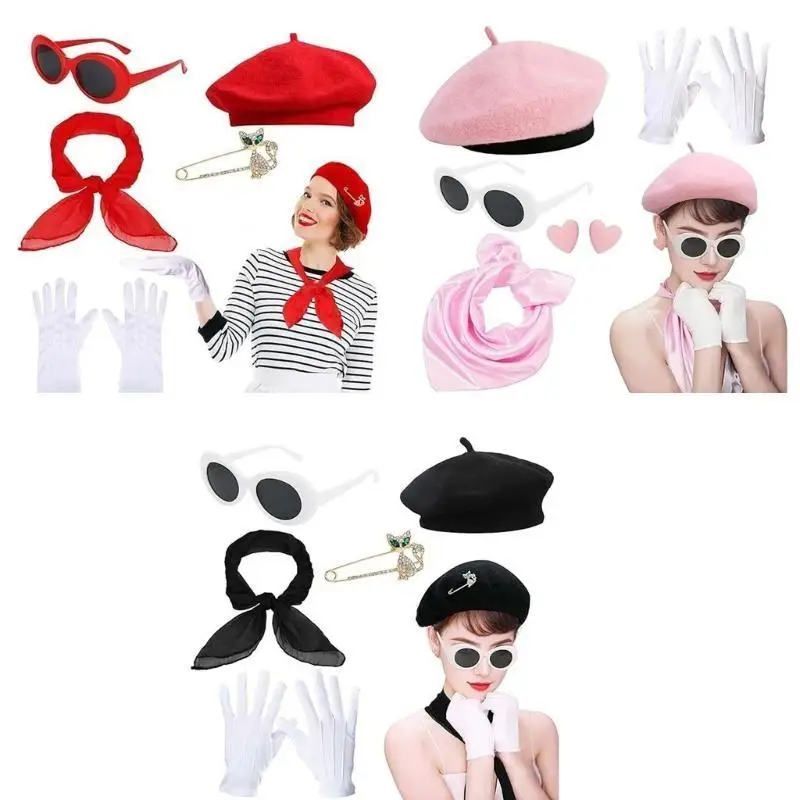 39BD Women 1980s Cosplau Outfit Accessories Hat Glasses Heart Earring Scarf Gloves for Halloween Cosplay Theme Party - 5