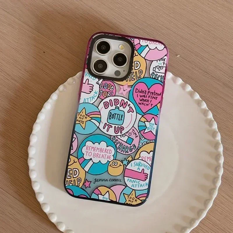 2.0 Acrylic Colorful Border Cartoon Sticker iPhone 11 12 13 14 15 Pro Max Case - Protective iPhone Case